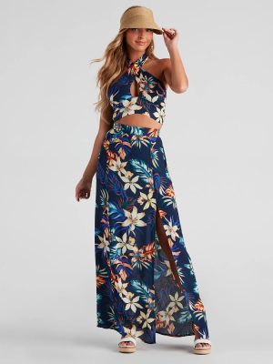 Cancun Vacay Tropical Slit Maxi Skirt