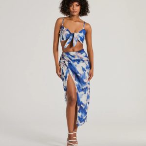 Chic Muse Watercolor Wrap-Slit Midi Skirt