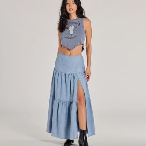 Just Got Sweet High-Rise Slit Chambray Maxi Skirt