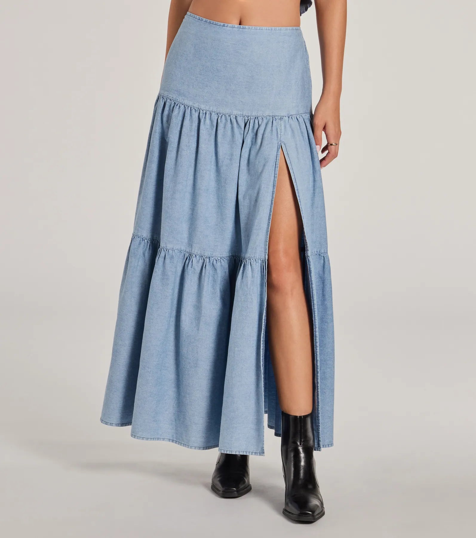Just Got Sweet High-Rise Slit Chambray Maxi Skirt - Image 3