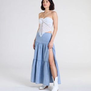 Western Cutie Tiered Chambray Maxi Skirt