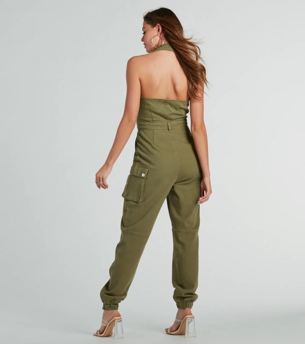 On The Hit List Halter Cargo Jogger Denim Jumpsuit - Image 2