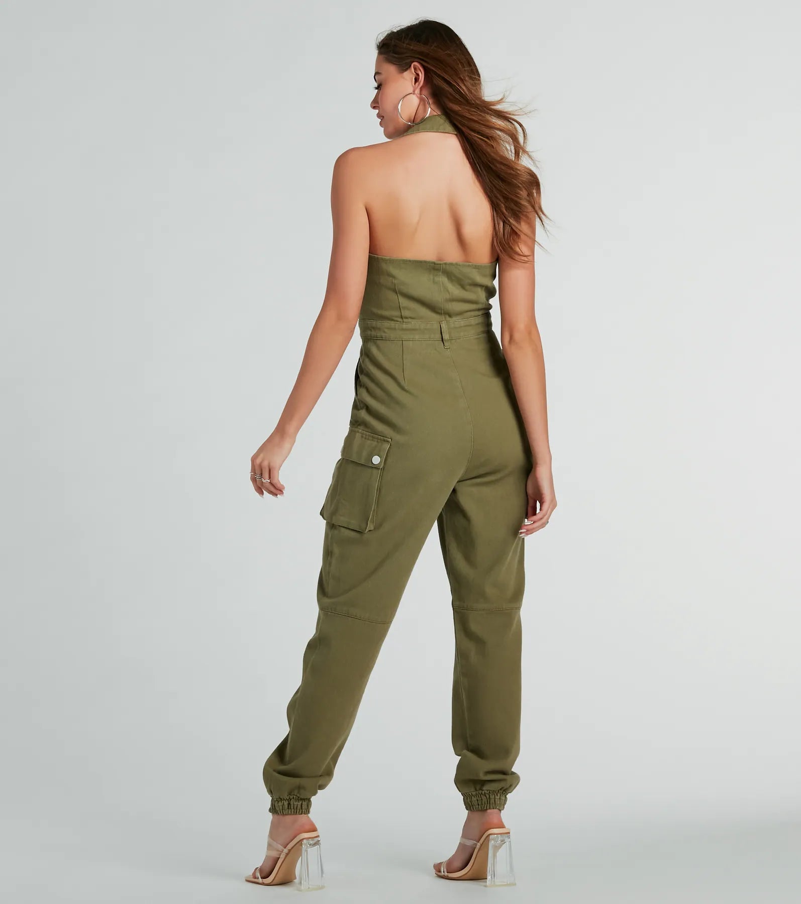 On The Hit List Halter Cargo Jogger Denim Jumpsuit - Image 2