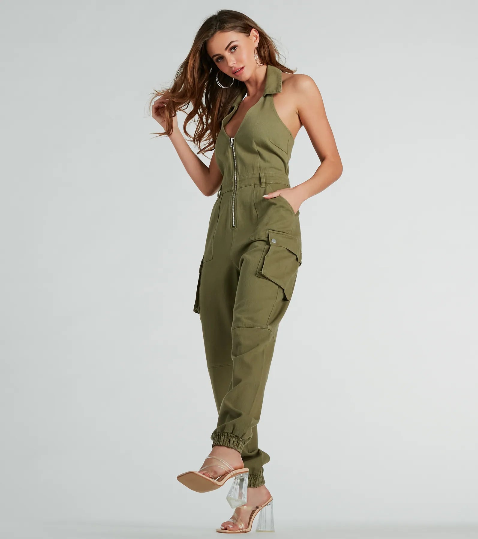 On The Hit List Halter Cargo Jogger Denim Jumpsuit - Image 3