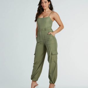 Casual Getaway Sleeveless Nylon Cargo Jumpsuit