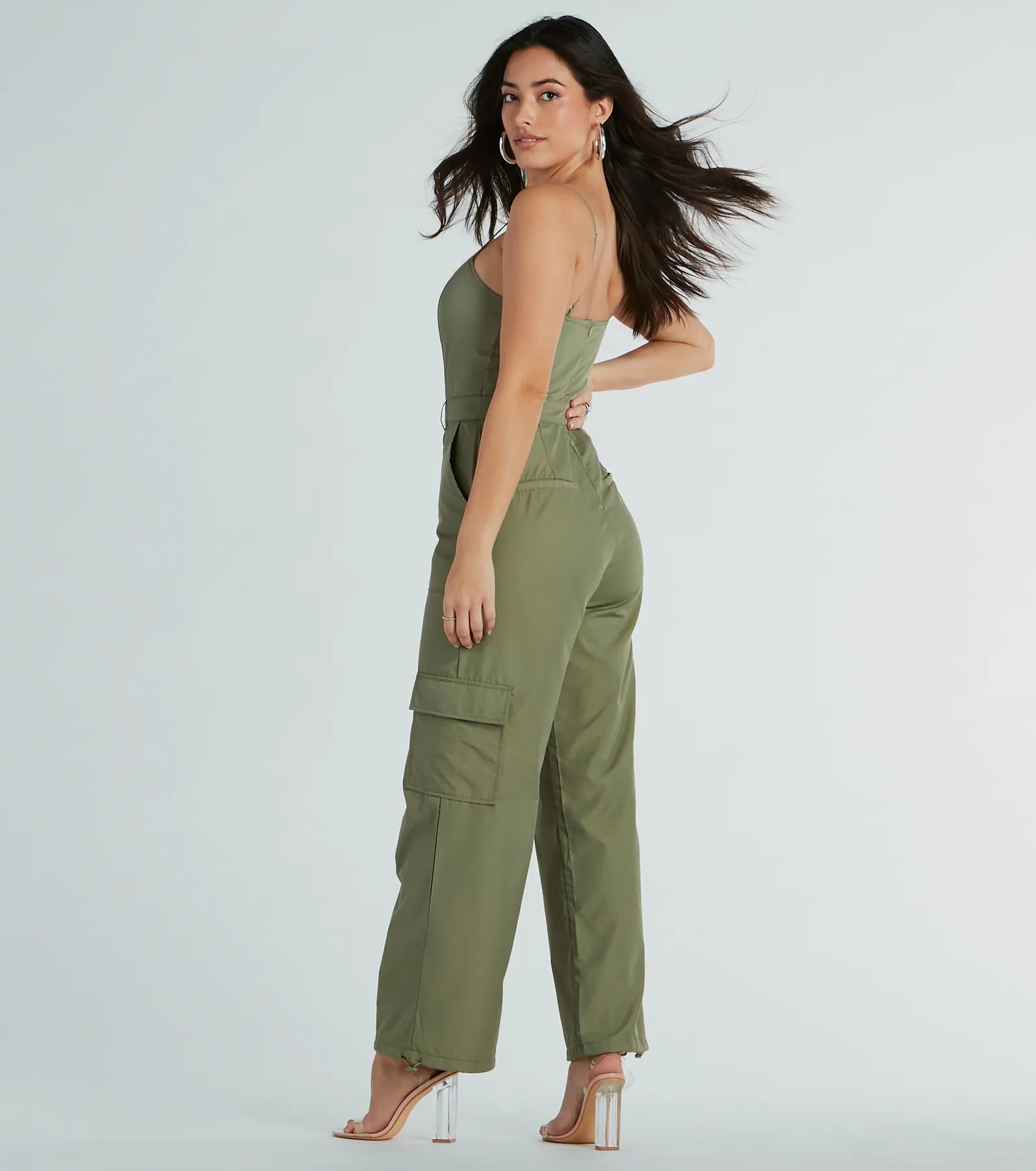 Casual Getaway Sleeveless Nylon Cargo Jumpsuit - Image 2