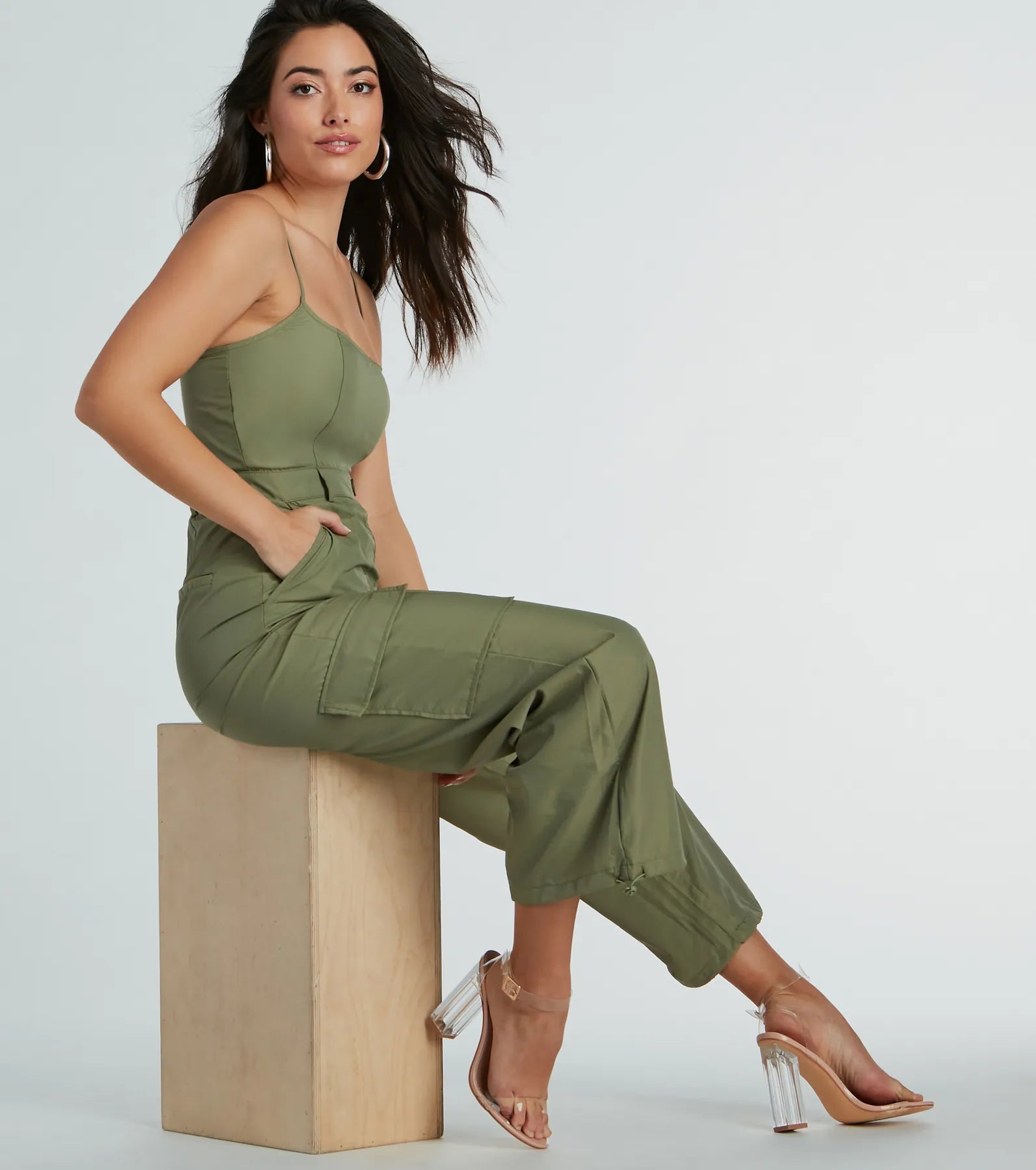 Casual Getaway Sleeveless Nylon Cargo Jumpsuit - Image 4