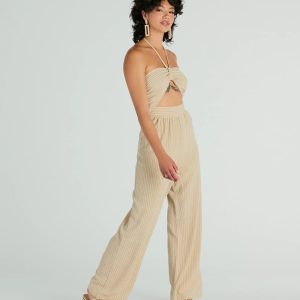 Coastal Cutie Halter Cutout Striped Linen Jumpsuit