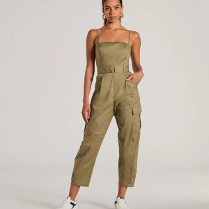 Social Outing Sleeveless Belted Cargo Crop Jumpsuit