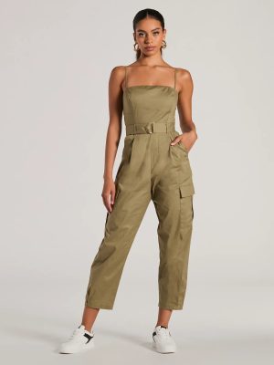 Social Outing Sleeveless Belted Cargo Crop Jumpsuit