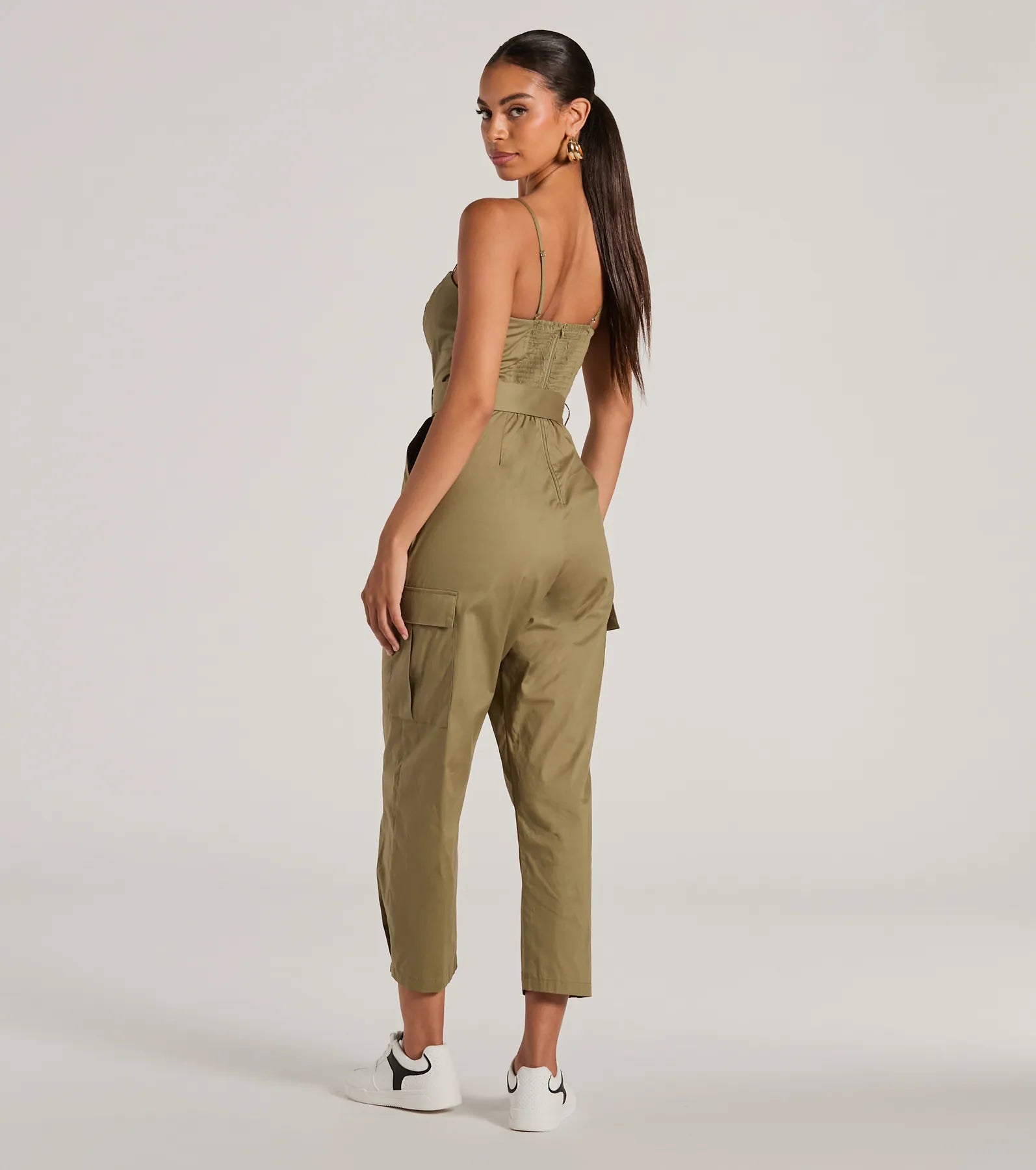 Social Outing Sleeveless Belted Cargo Crop Jumpsuit - Image 2
