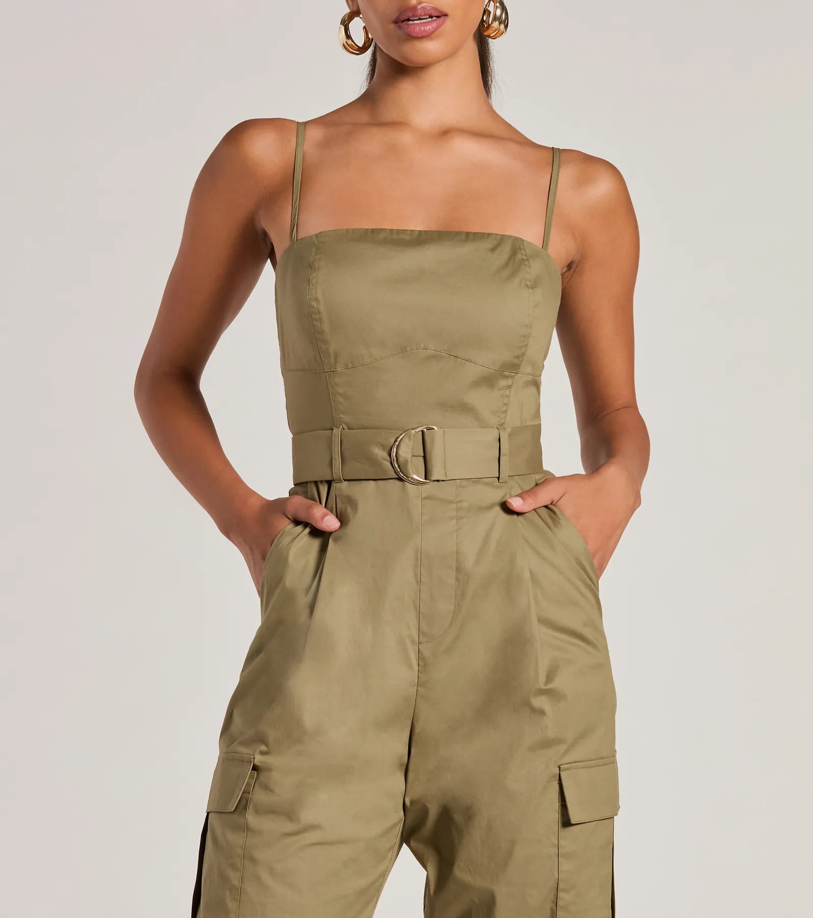 Social Outing Sleeveless Belted Cargo Crop Jumpsuit - Image 3