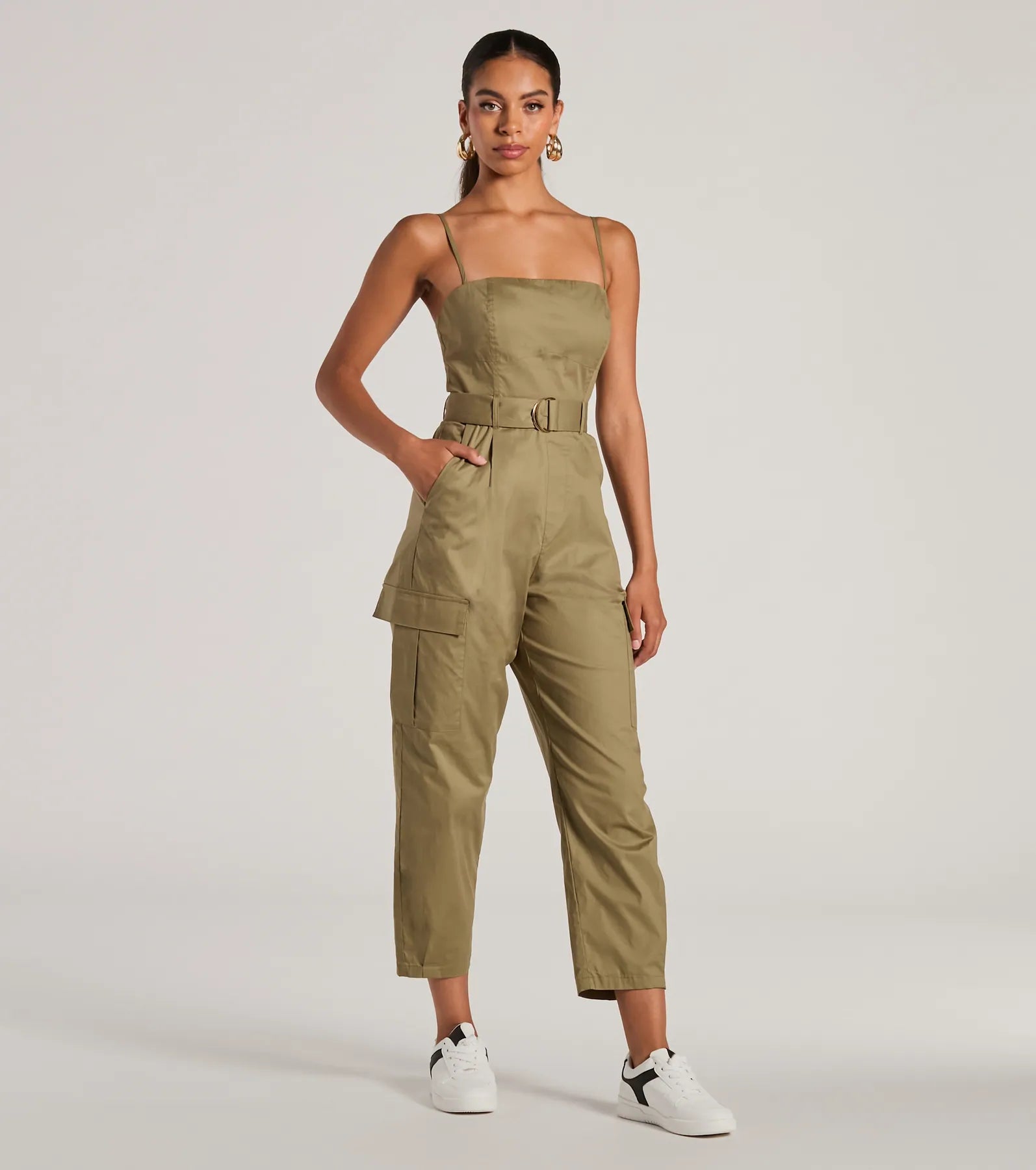 Social Outing Sleeveless Belted Cargo Crop Jumpsuit - Image 4