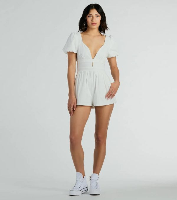 One Take Puff Sleeve V-Neck Linen Romper - Image 3