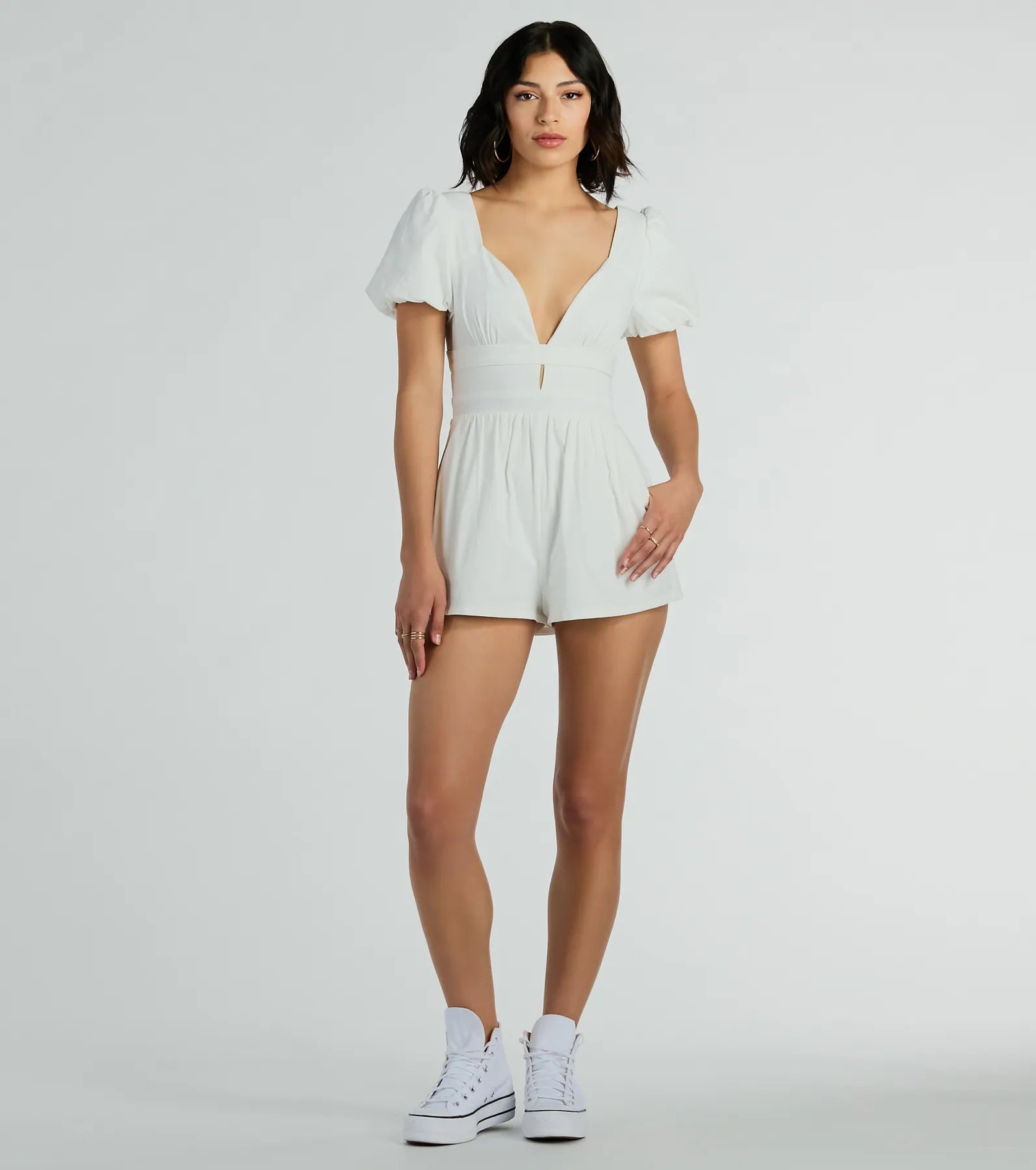 One Take Puff Sleeve V-Neck Linen Romper - Image 3