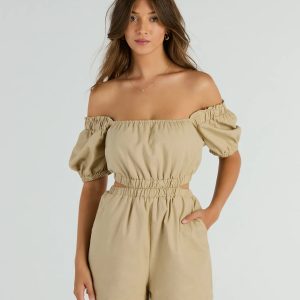 Day Time Adventure Puff Sleeve Cutout Linen Romper