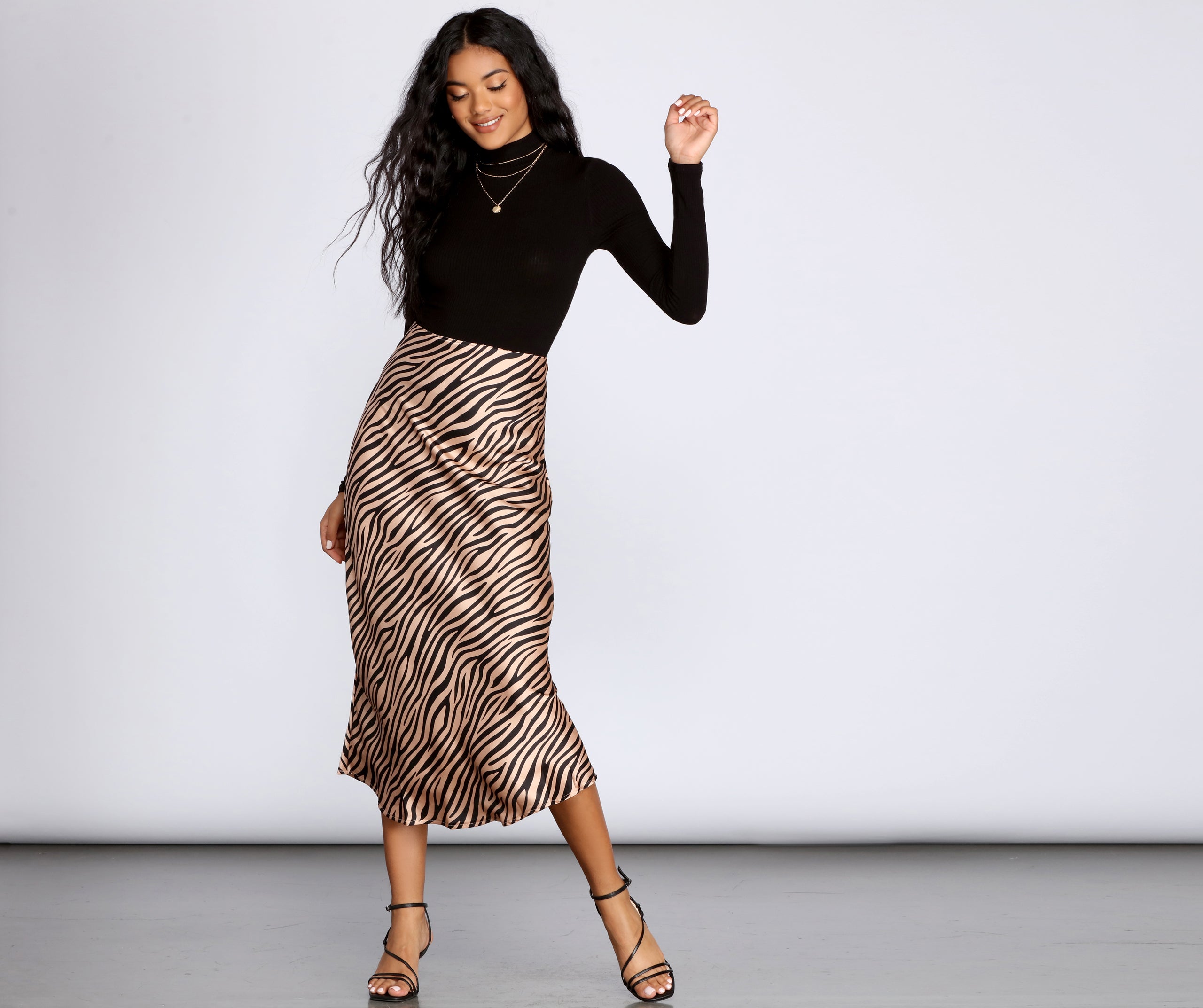 Zebra Flared Midi Satin Skirt - Image 3