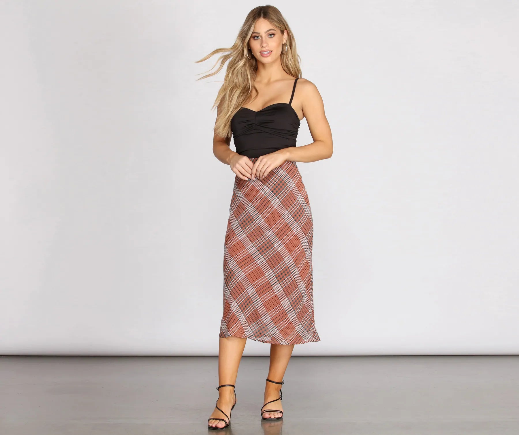 Plaid Chiffon Midi Skirt - Image 3