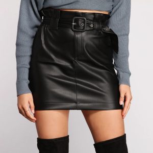 Belted Faux Leather Paper Bag Mini Skirt