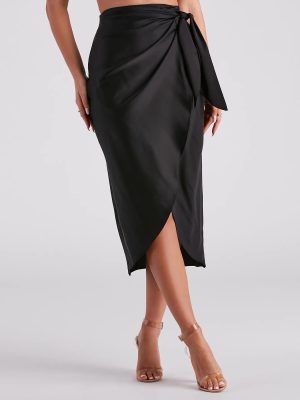 Ode To Elegance Satin Tie Midi Skirt