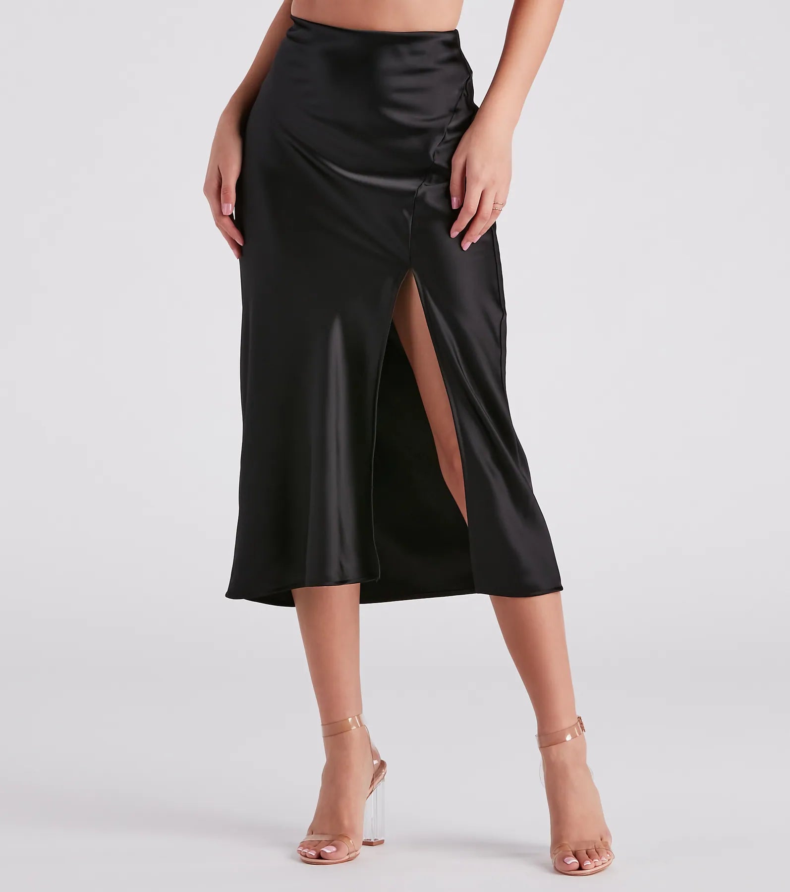 Scene Stealer High Slit Satin Midi Skirt - Image 13