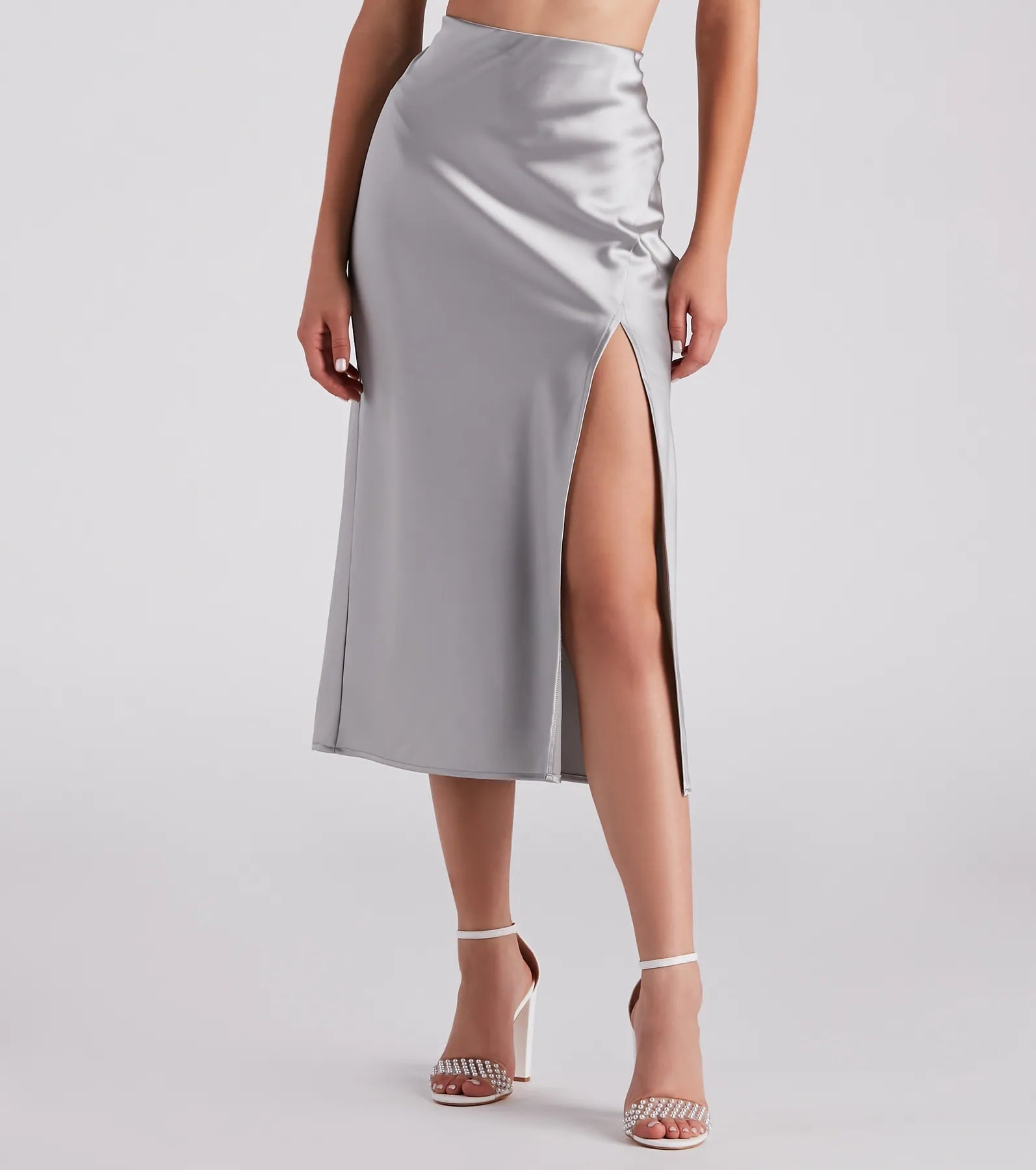 Scene Stealer High Slit Satin Midi Skirt - Image 9