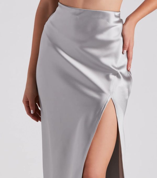 Scene Stealer High Slit Satin Midi Skirt - Image 12