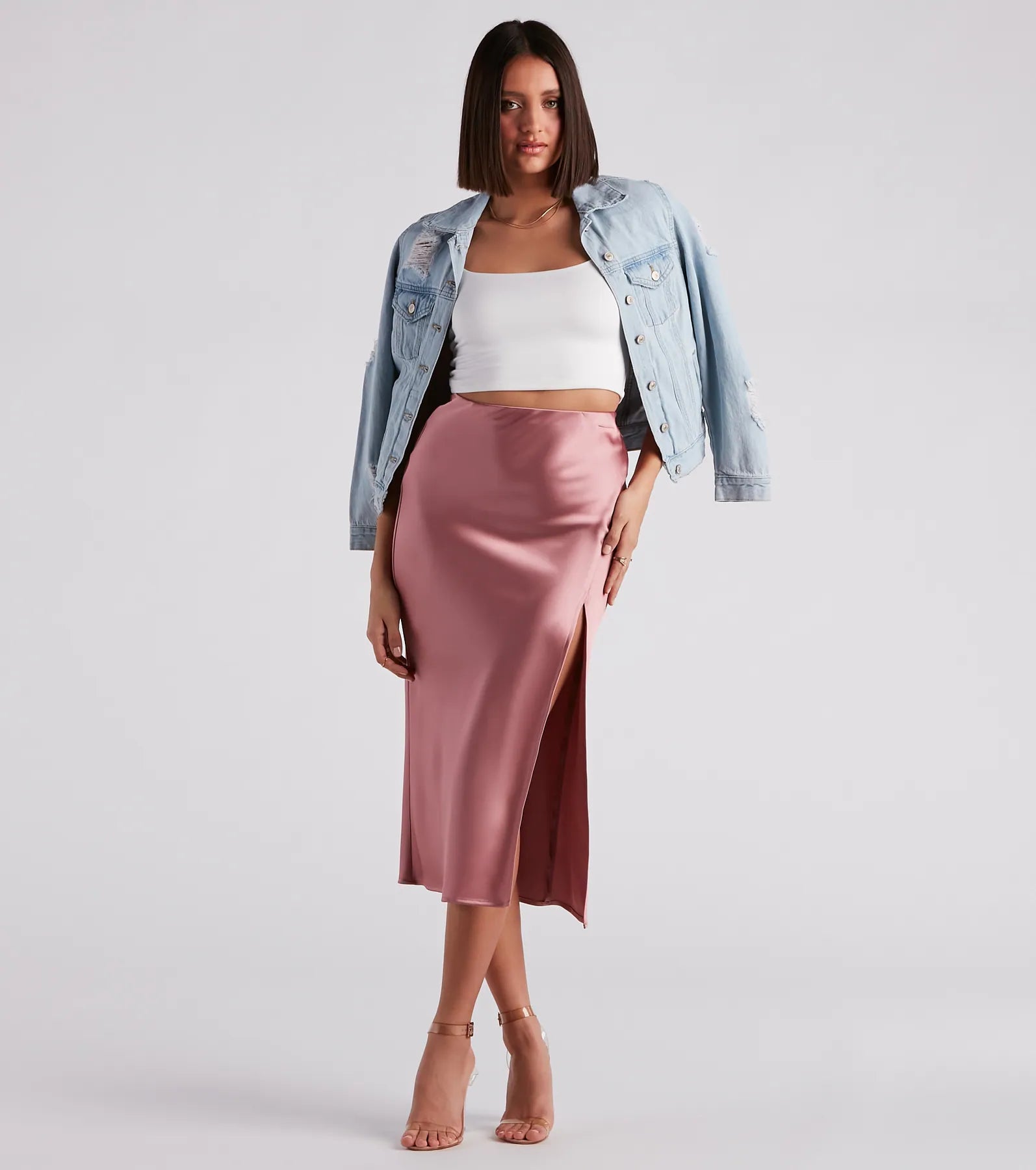 Scene Stealer High Slit Satin Midi Skirt - Image 22