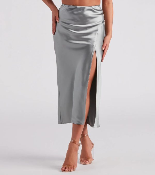 Scene Stealer High Slit Satin Midi Skirt - Image 18