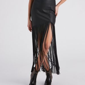 Fun Times Faux Leather Long Fringe Skirt