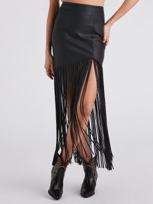 Fun Times Faux Leather Long Fringe Skirt