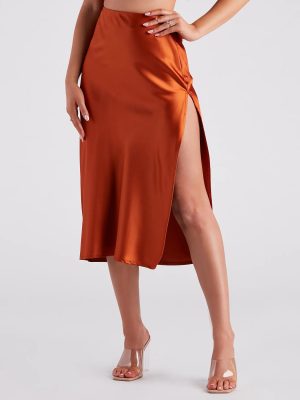 Lavish Life Satin Slit Midi Skirt