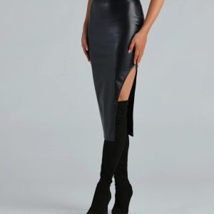 Keep It Tight Faux Leather Slit Midi Skirt