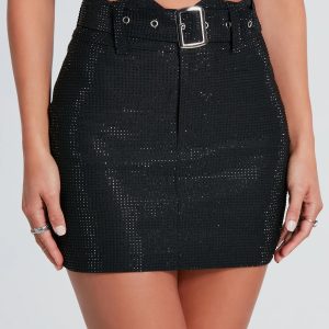 Shine Type Rhinestone Belted Mini Skirt