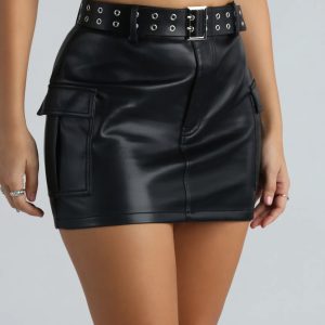 Buckle Up Faux Leather Cargo Mini Skirt