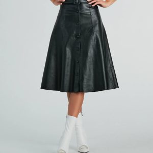 On The Go Girl Faux Leather A-Line Midi Skirt