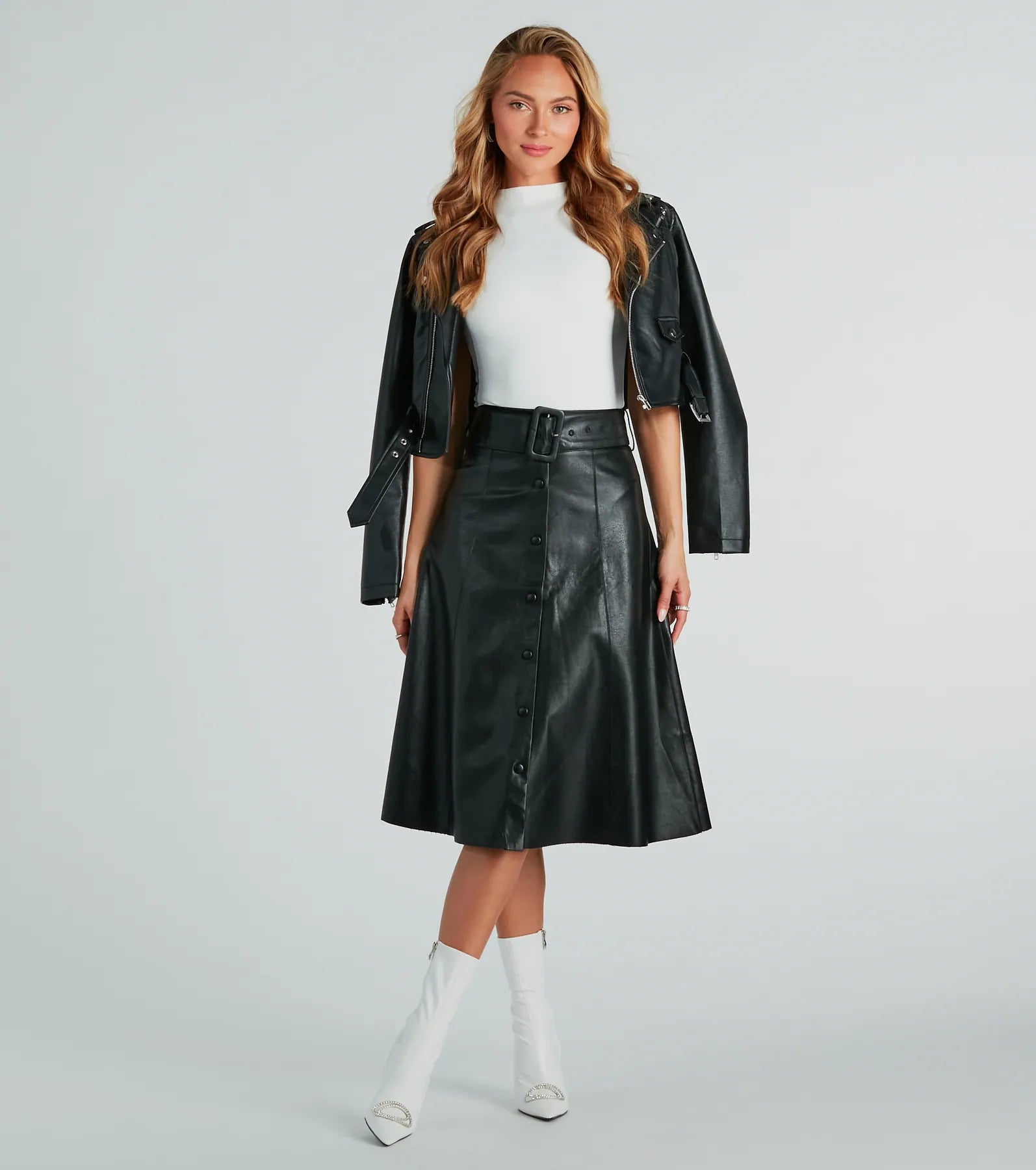 On The Go Girl Faux Leather A-Line Midi Skirt - Image 2