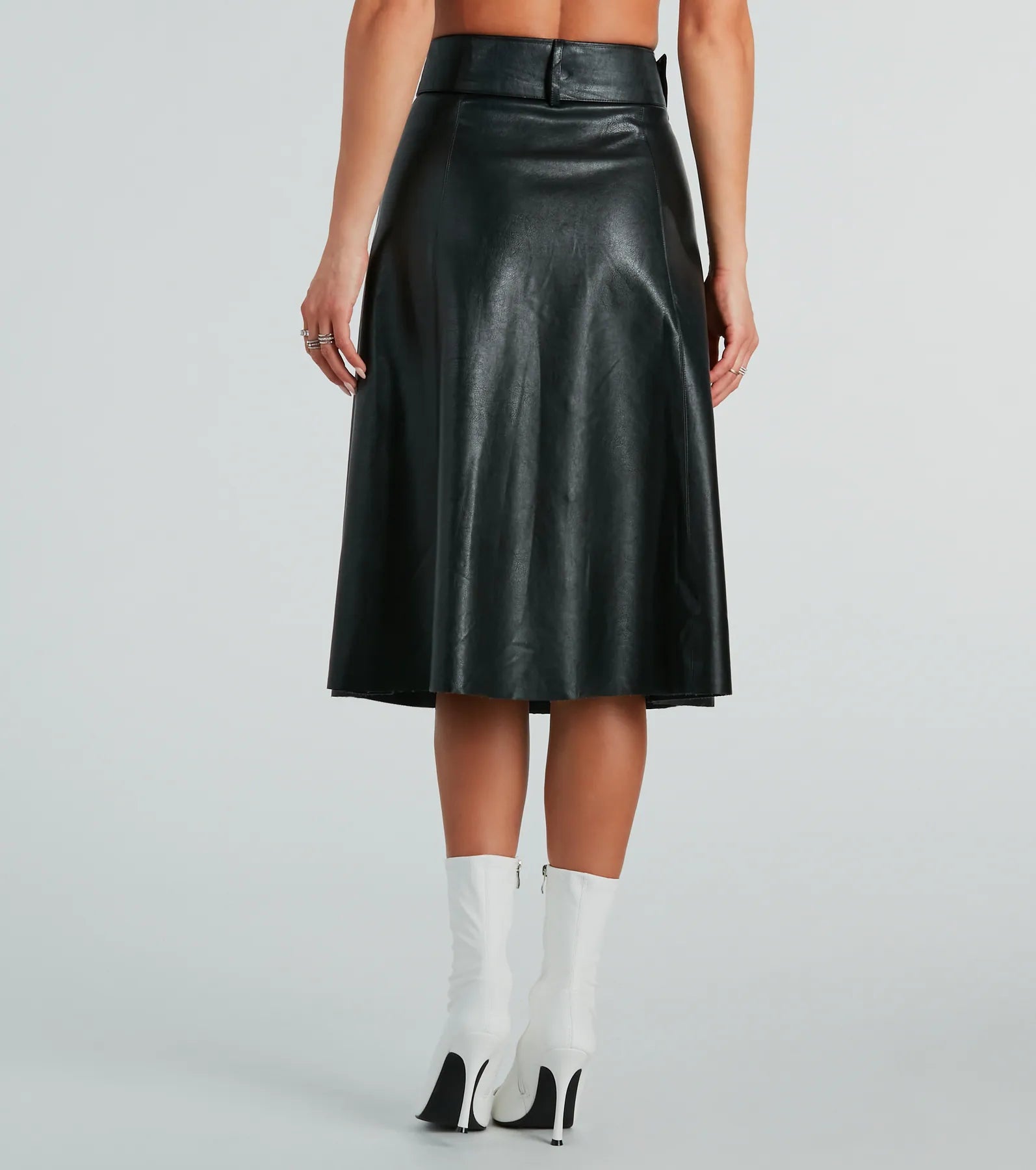 On The Go Girl Faux Leather A-Line Midi Skirt - Image 3