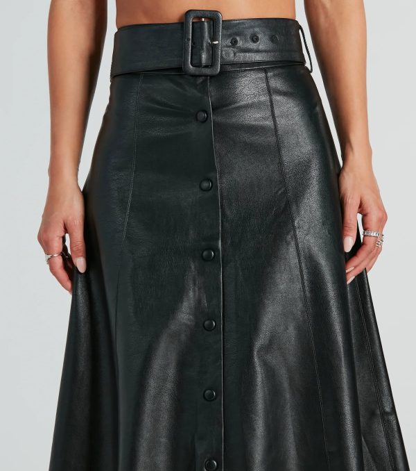 On The Go Girl Faux Leather A-Line Midi Skirt - Image 4