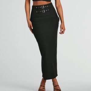Major Baddie High Waist Belted Woven Maxi Skirt