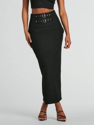 Major Baddie High Waist Belted Woven Maxi Skirt
