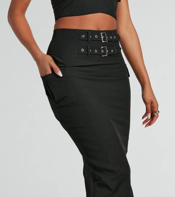 Major Baddie High Waist Belted Woven Maxi Skirt - Image 3