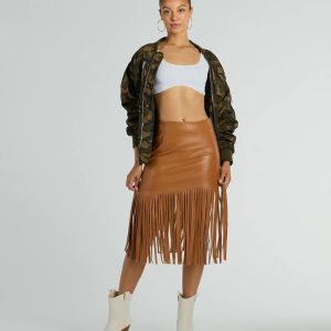 Country Songs Fringe Faux Leather Midi Skirt