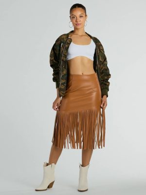 Country Songs Fringe Faux Leather Midi Skirt
