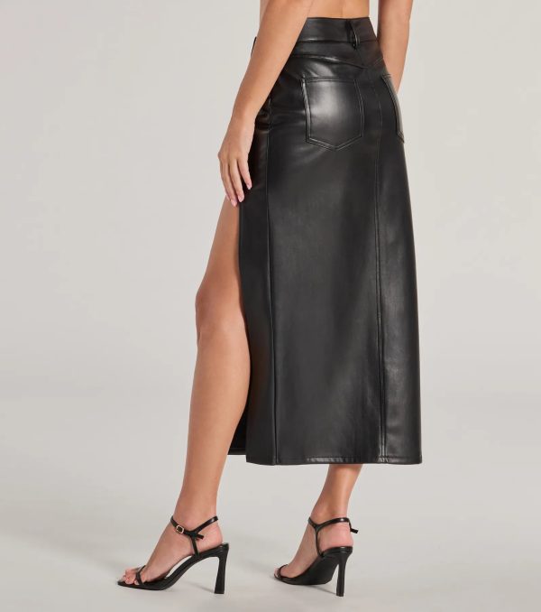 Sleek Era Faux Leather High Slit Midi Skirt - Image 2