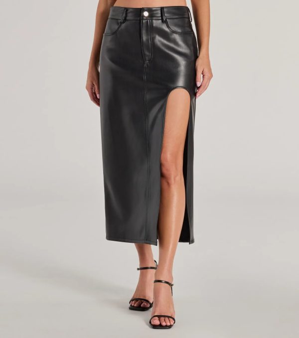 Sleek Era Faux Leather High Slit Midi Skirt - Image 4