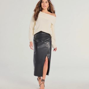 Sleek Ambition Faux Leather Wrap Midi Skirt