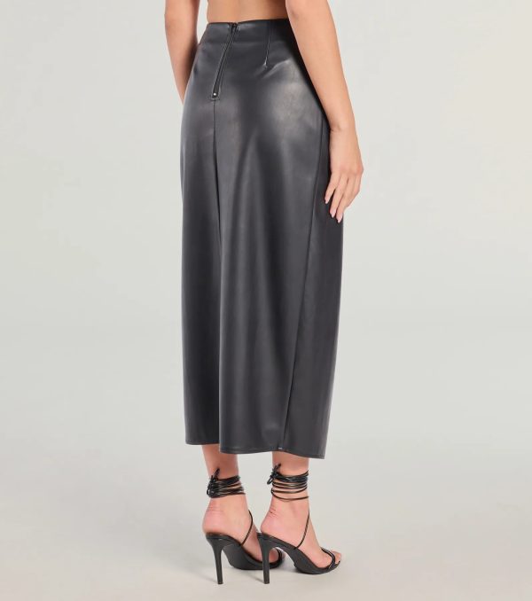 Sleek Ambition Faux Leather Wrap Midi Skirt - Image 2