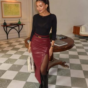 Chic Moment High-Slit Faux Leather Midi Skirt
