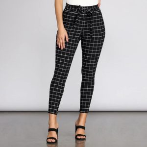 Plaid Paper Bag Tie Waist Skinny Pants